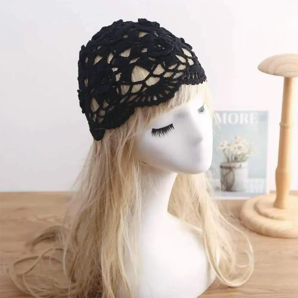 Breathable Hollowed Out Baotou Hat Casual Handmade Knitted Hat Flowers Spring Summer Cap for Women