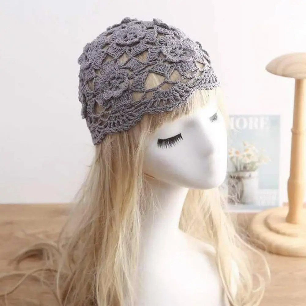 Breathable Hollowed Out Baotou Hat Casual Handmade Knitted Hat Flowers Spring Summer Cap for Women
