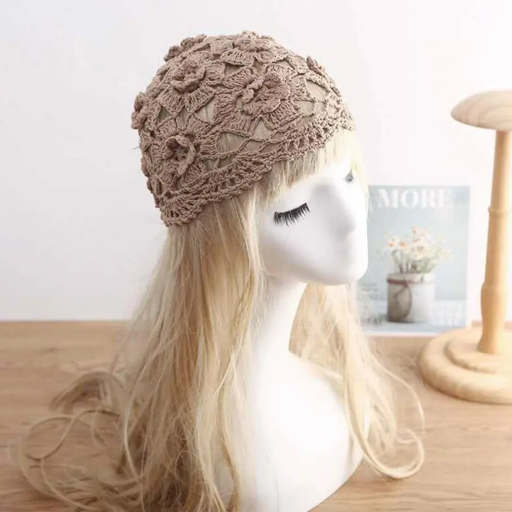 Breathable Hollowed Out Baotou Hat Casual Handmade Knitted Hat Flowers Spring Summer Cap for Women
