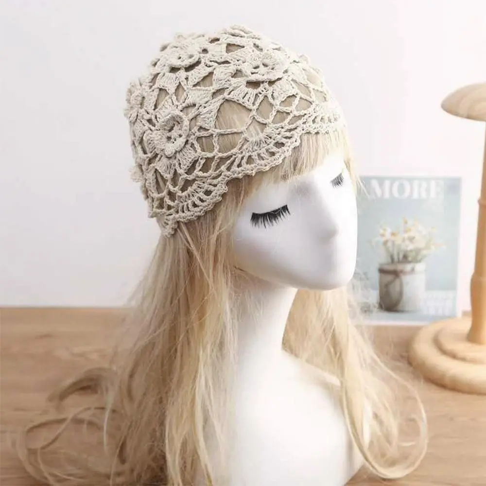 Breathable Hollowed Out Baotou Hat Casual Handmade Knitted Hat Flowers Spring Summer Cap for Women