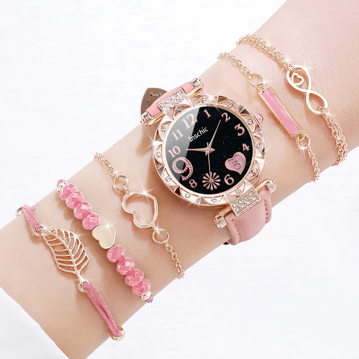 6PCS/Set Fashion Heart Dial Women's Watch Casual Leather Band Analog Quartz Watch Leaf Bracelets Set(Without Box)