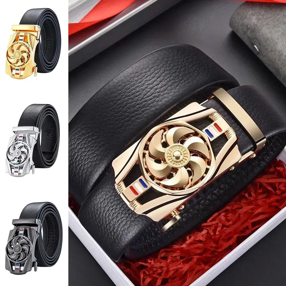 Mens Business Style Belt "Luck Is On The Turn" Leather Strap Male Waistband Rotatable Buckle Belts For Men Girdle Belts