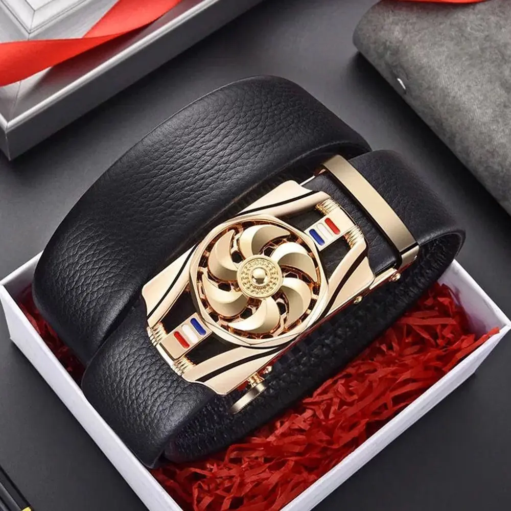 Mens Business Style Belt "Luck Is On The Turn" Leather Strap Male Waistband Rotatable Buckle Belts For Men Girdle Belts