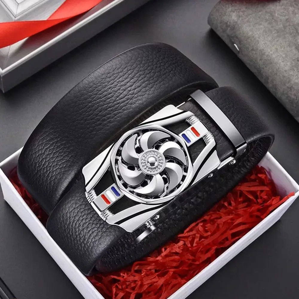 Mens Business Style Belt "Luck Is On The Turn" Leather Strap Male Waistband Rotatable Buckle Belts For Men Girdle Belts
