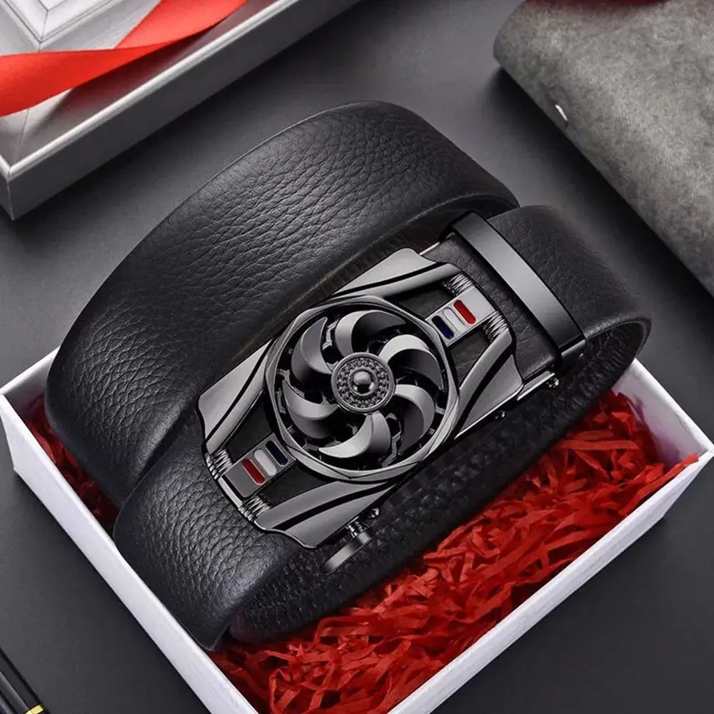 Mens Business Style Belt "Luck Is On The Turn" Leather Strap Male Waistband Rotatable Buckle Belts For Men Girdle Belts