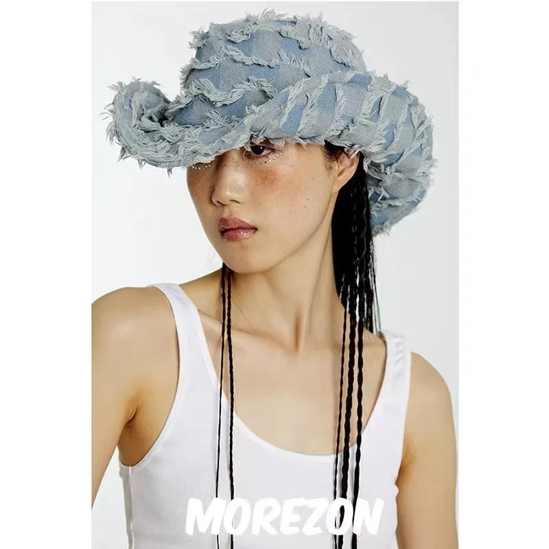 Cowboy hat with rhinestones drawstring spring and autumn fisherman hat men and women curled brim outdoor western cowboy hat