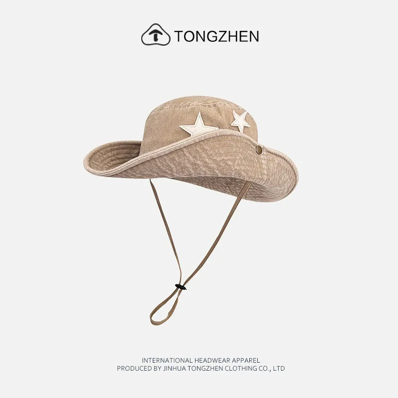 Cowboy hat with rhinestones drawstring spring and autumn fisherman hat men and women curled brim outdoor western cowboy hat