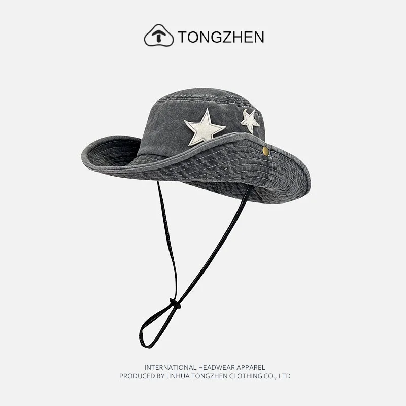 Cowboy hat with rhinestones drawstring spring and autumn fisherman hat men and women curled brim outdoor western cowboy hat