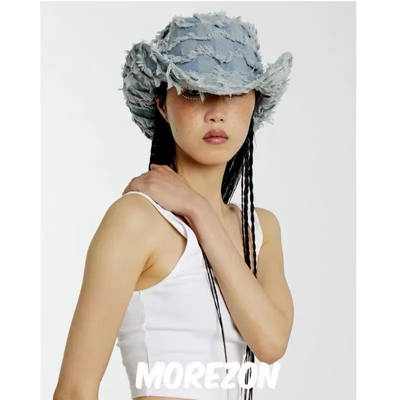 Cowboy hat with rhinestones drawstring spring and autumn fisherman hat men and women curled brim outdoor western cowboy hat
