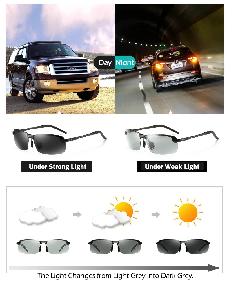 Polarized Photochromic Sunglasses for Man Aluminum Magnesium Frame Top Lens Driving Day and Night Vision Goggles Sun Glasses