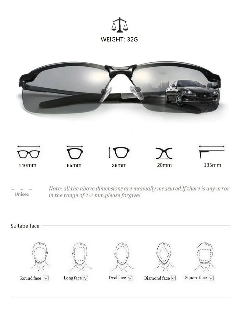 Polarized Photochromic Sunglasses for Man Aluminum Magnesium Frame Top Lens Driving Day and Night Vision Goggles Sun Glasses