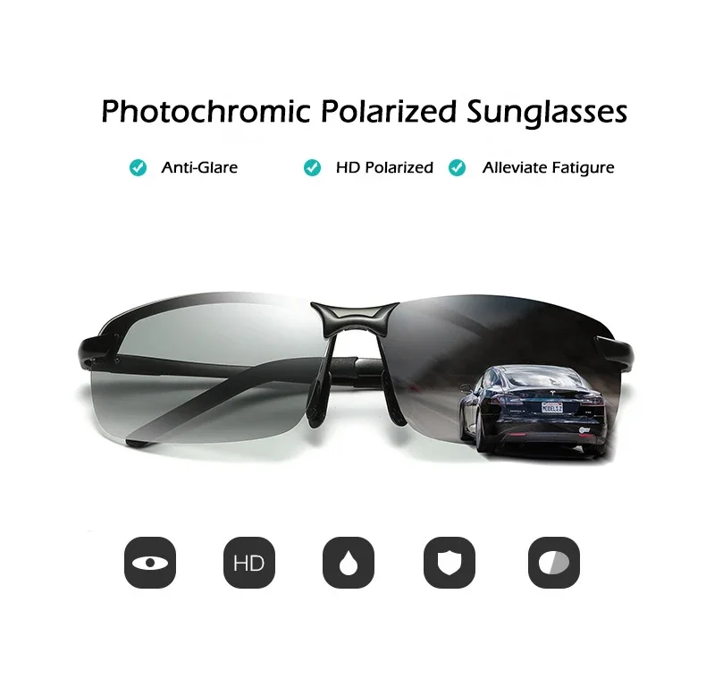Polarized Photochromic Sunglasses for Man Aluminum Magnesium Frame Top Lens Driving Day and Night Vision Goggles Sun Glasses