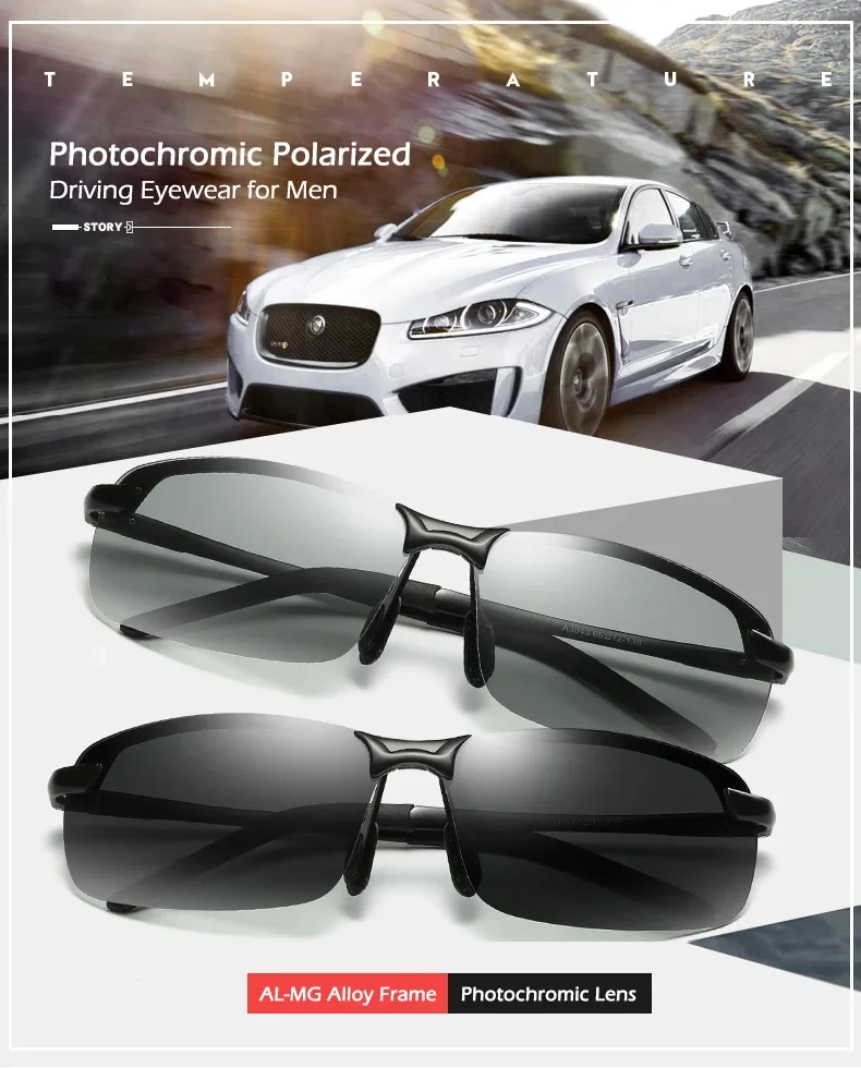 Polarized Photochromic Sunglasses for Man Aluminum Magnesium Frame Top Lens Driving Day and Night Vision Goggles Sun Glasses