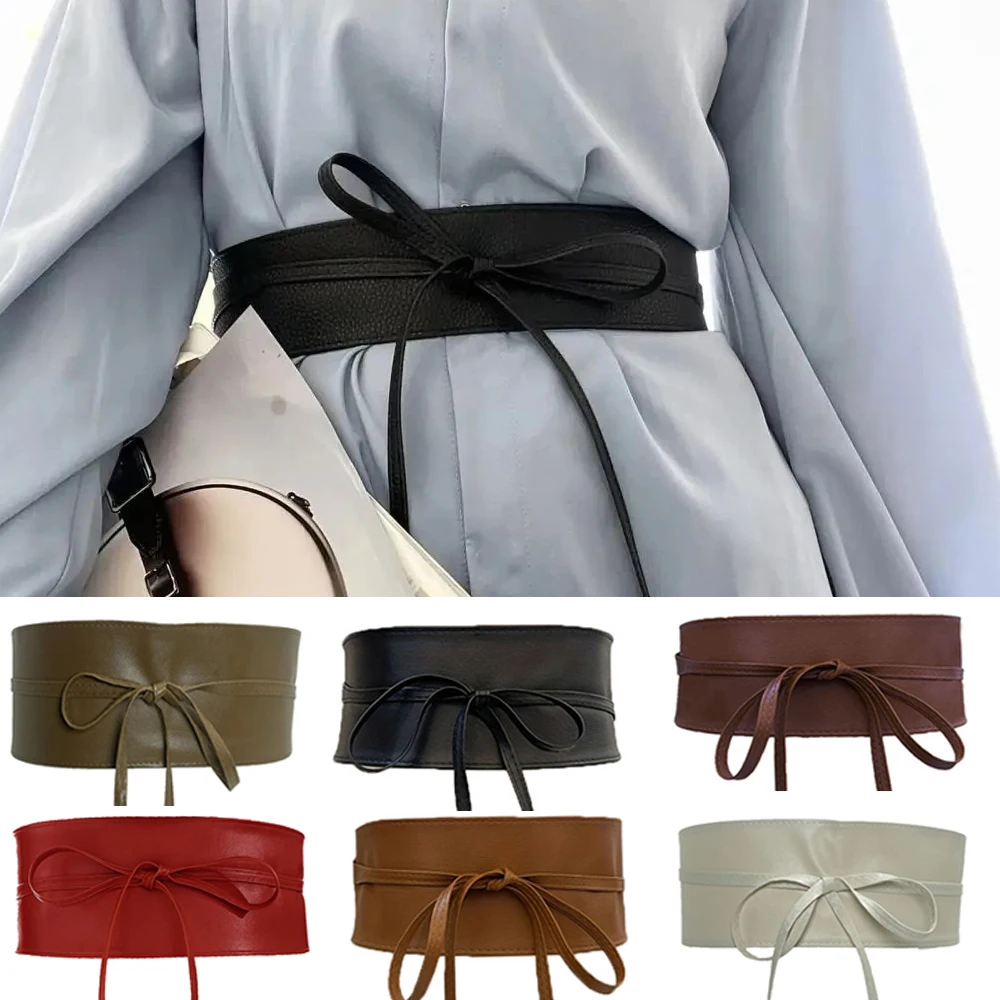 Boho Belt For Women Bowknot Faux Leather Wrap Around Obi Style Cinch Waistband Black Cummerbund Brown Women Wide Corset Belt