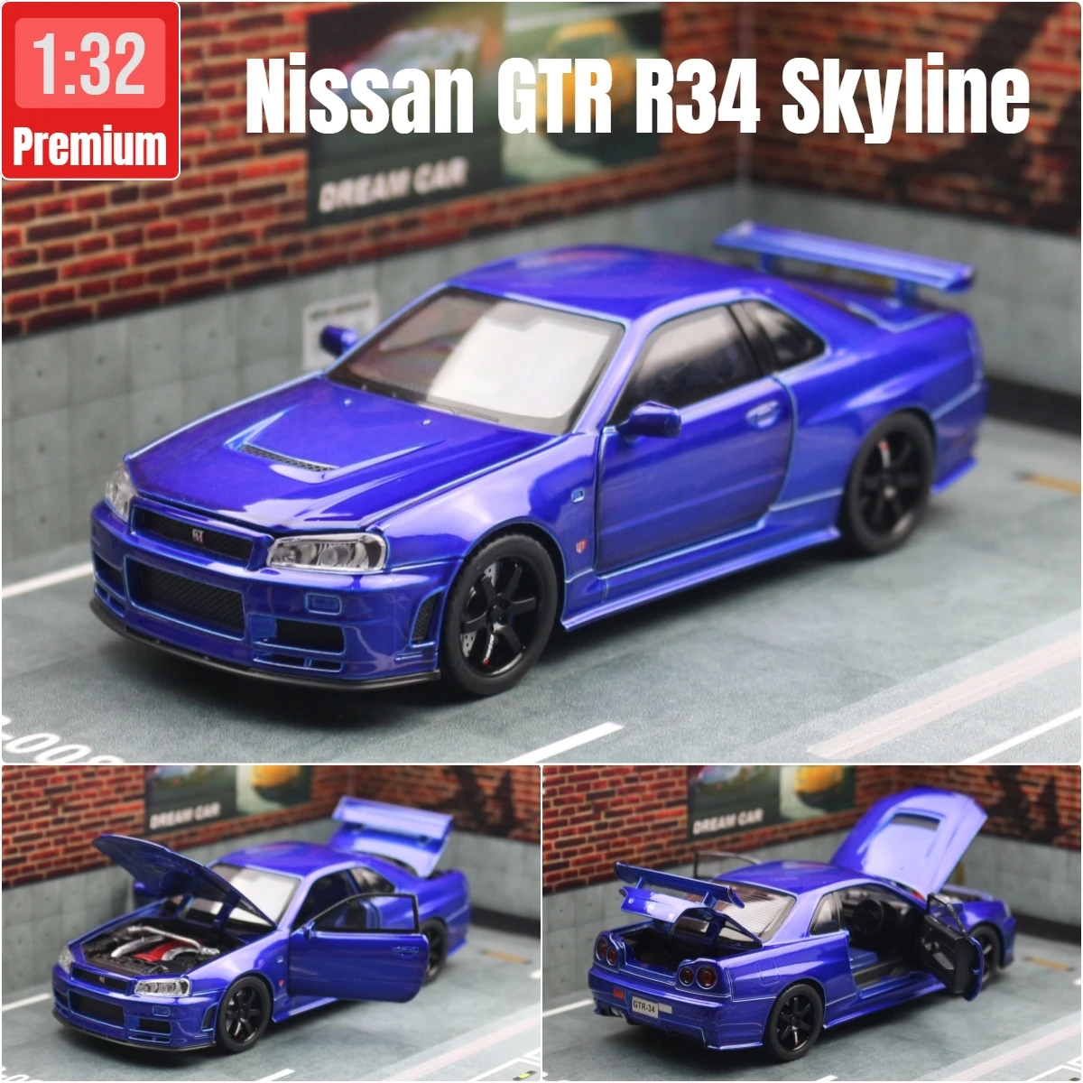 1/32 Nissan Skyline GTR R34 JDM Super Sport Car Model Diecast Vehicle Miniature Pull Back Display Collection Gift Boyfriend