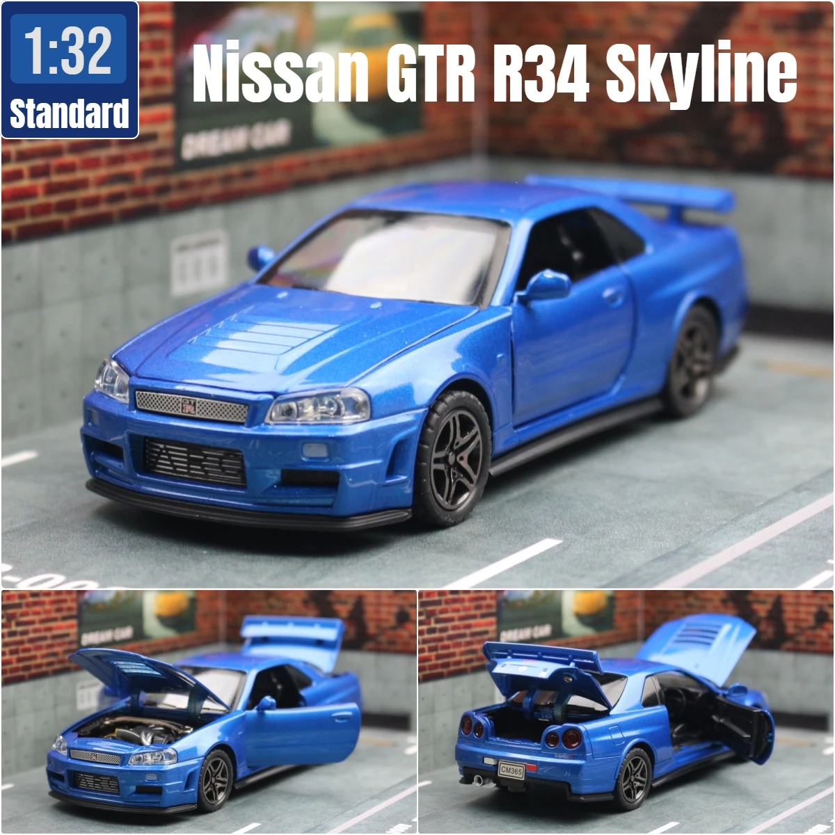 1/32 Nissan Skyline GTR R34 JDM Super Sport Car Model Diecast Vehicle Miniature Pull Back Display Collection Gift Boyfriend