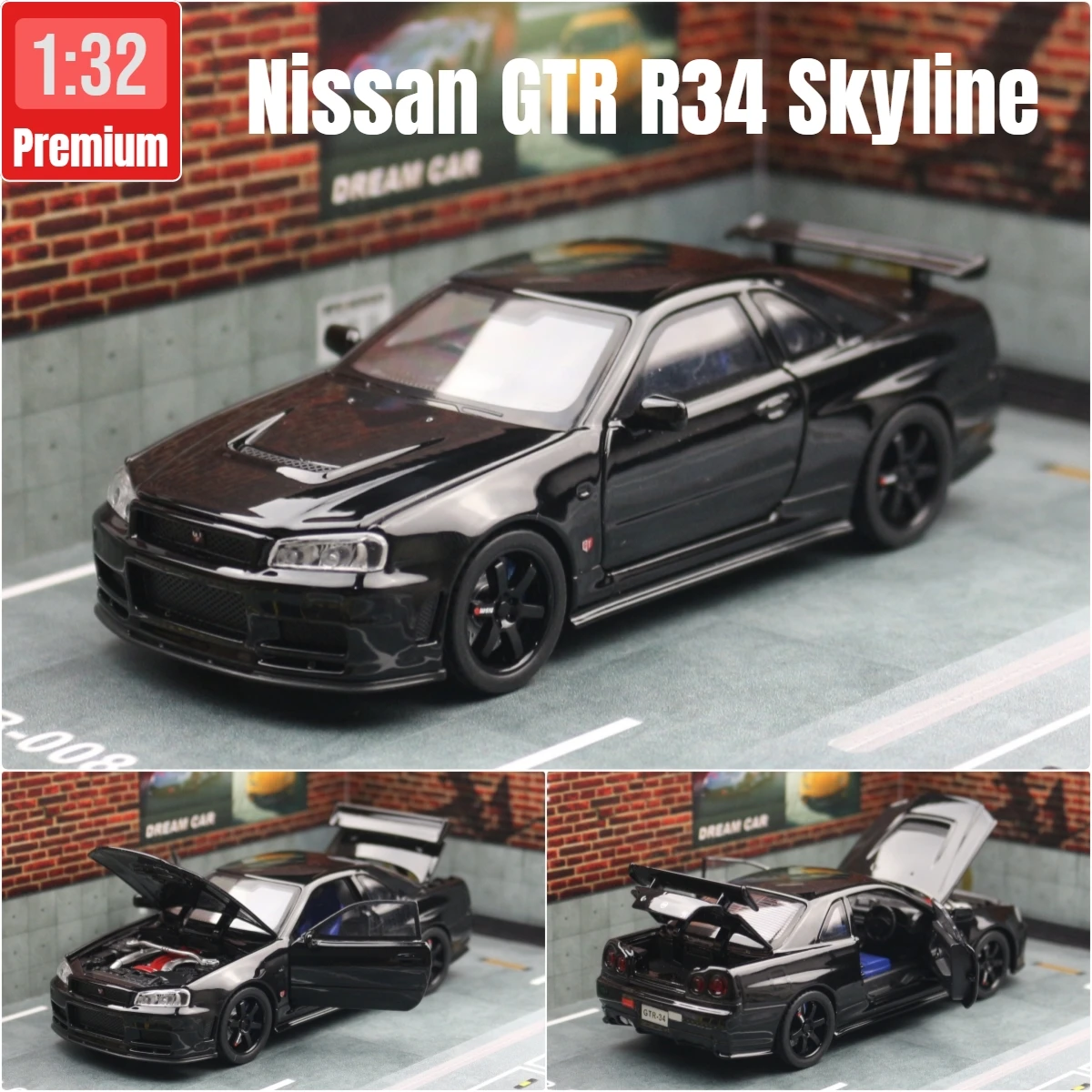 1/32 Nissan Skyline GTR R34 JDM Super Sport Car Model Diecast Vehicle Miniature Pull Back Display Collection Gift Boyfriend
