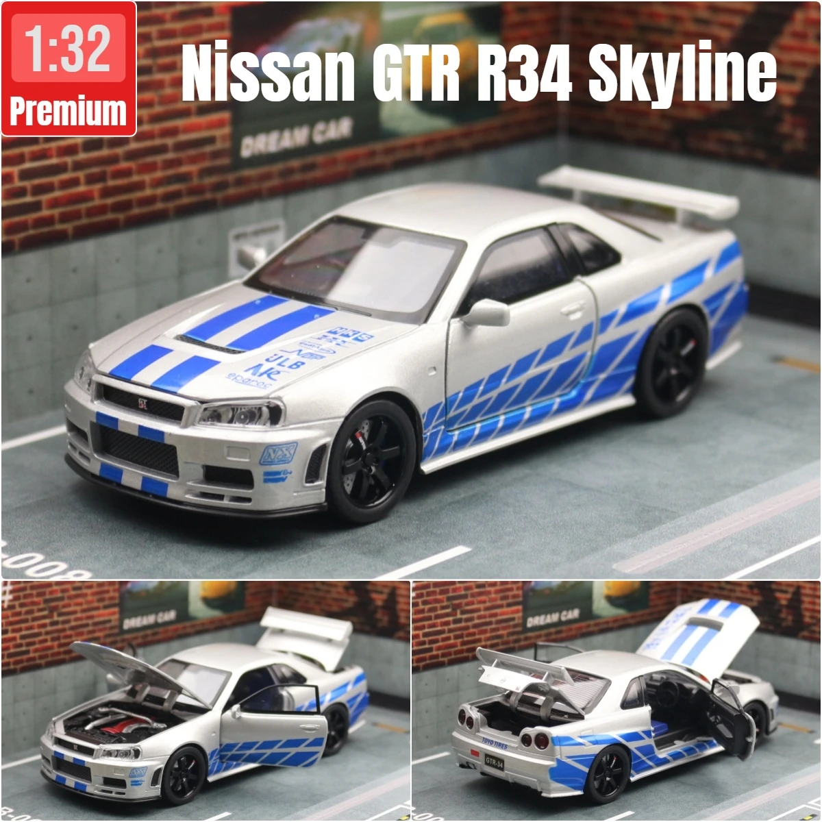 1/32 Nissan Skyline GTR R34 JDM Super Sport Car Model Diecast Vehicle Miniature Pull Back Display Collection Gift Boyfriend