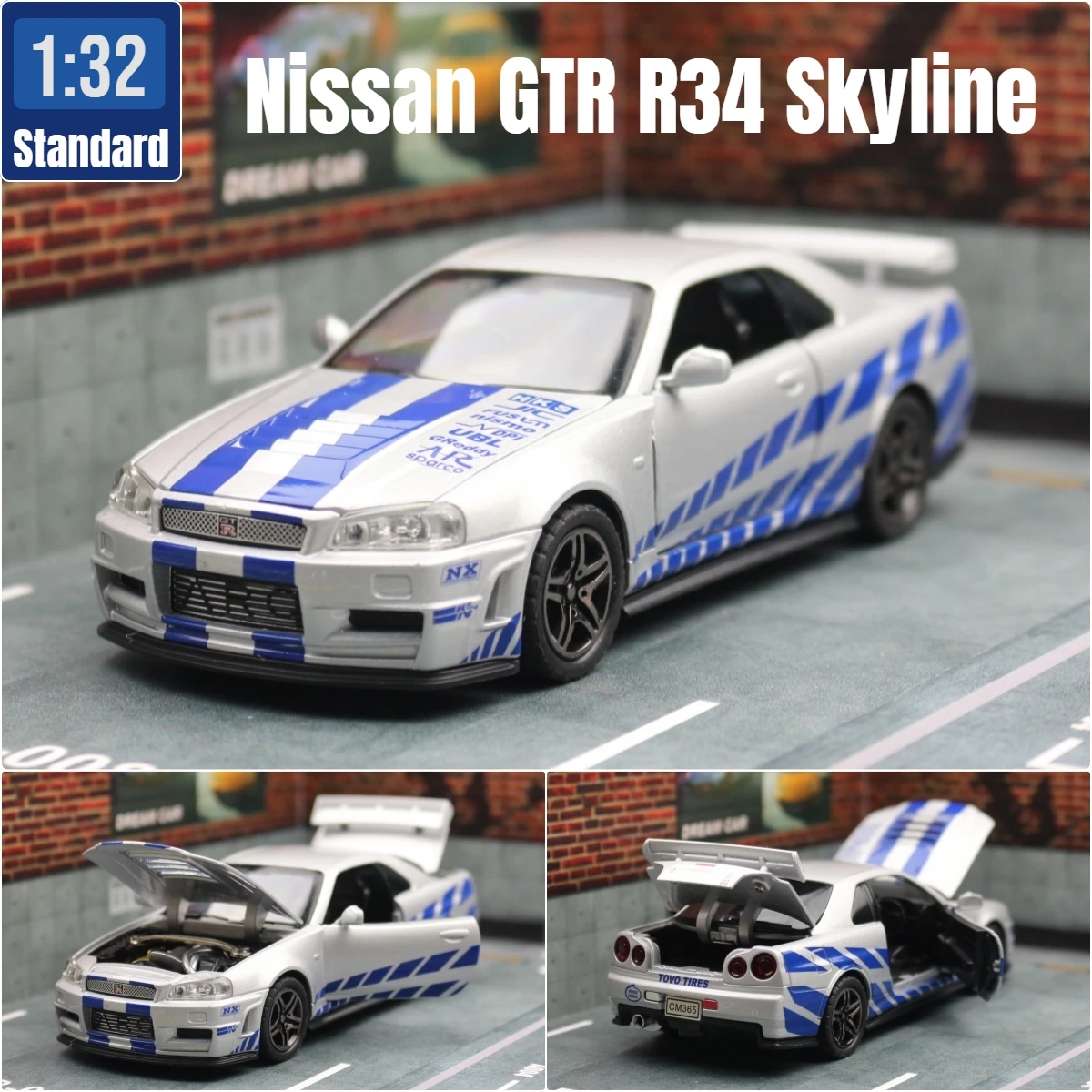 1/32 Nissan Skyline GTR R34 JDM Super Sport Car Model Diecast Vehicle Miniature Pull Back Display Collection Gift Boyfriend