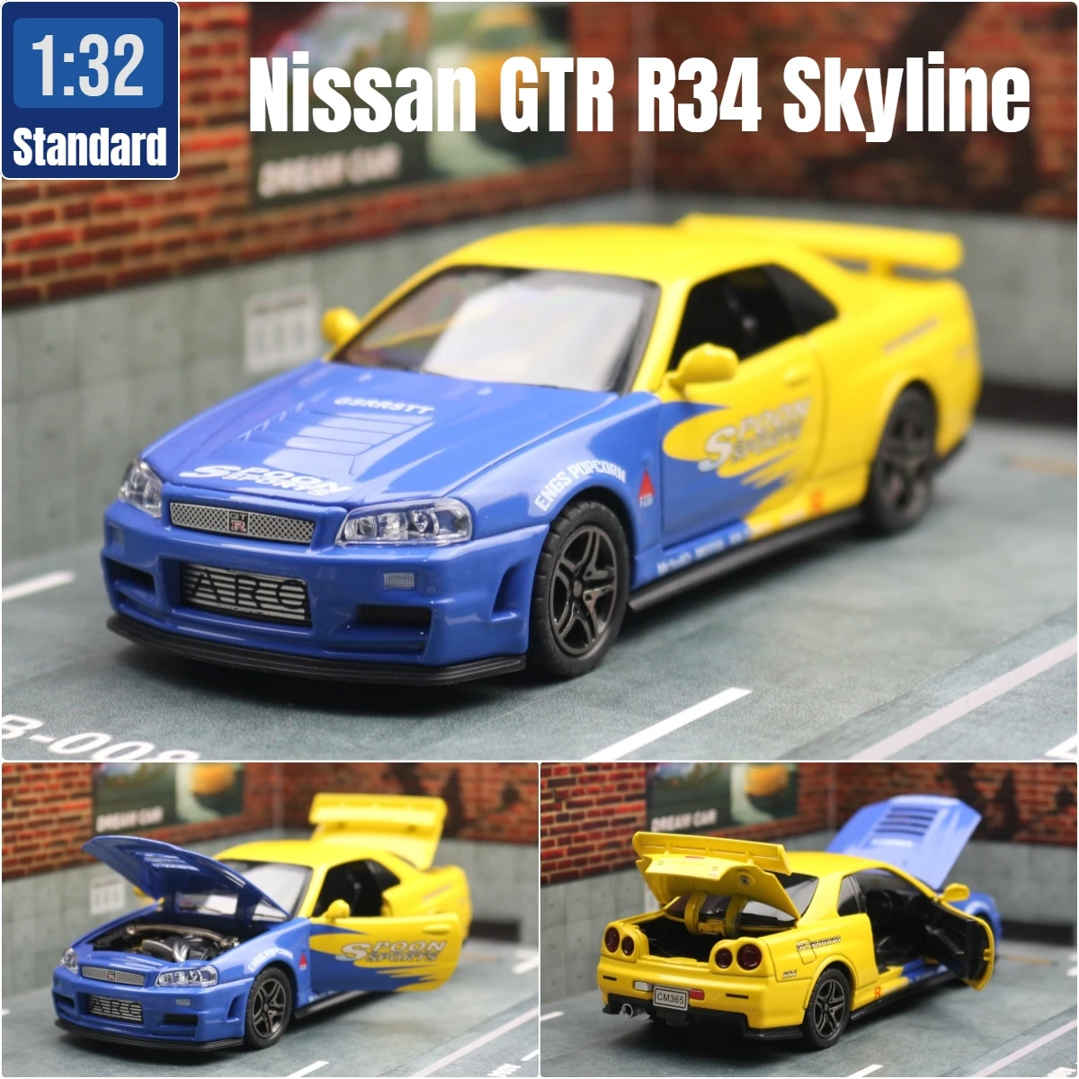 1/32 Nissan Skyline GTR R34 JDM Super Sport Car Model Diecast Vehicle Miniature Pull Back Display Collection Gift Boyfriend