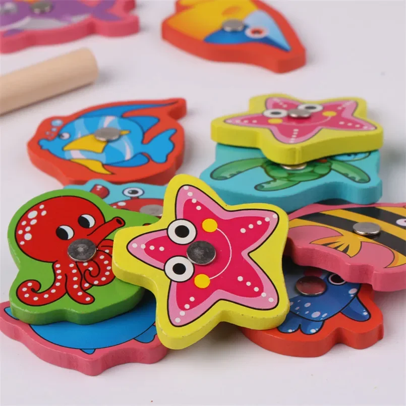 Montessori Wooden Magnetic Fishing Toys Marine Life Cognition Fish Games Early Educational Toy for Kids Parent-child Interactive