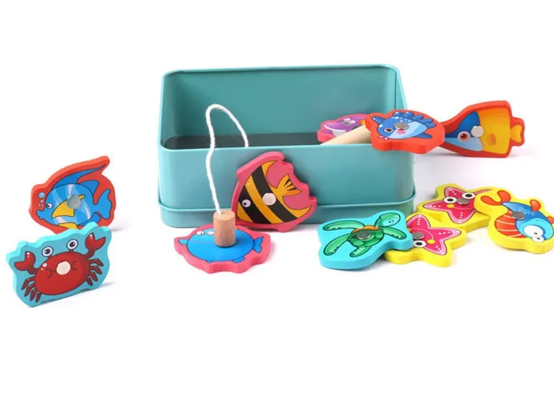 Montessori Wooden Magnetic Fishing Toys Marine Life Cognition Fish Games Early Educational Toy for Kids Parent-child Interactive