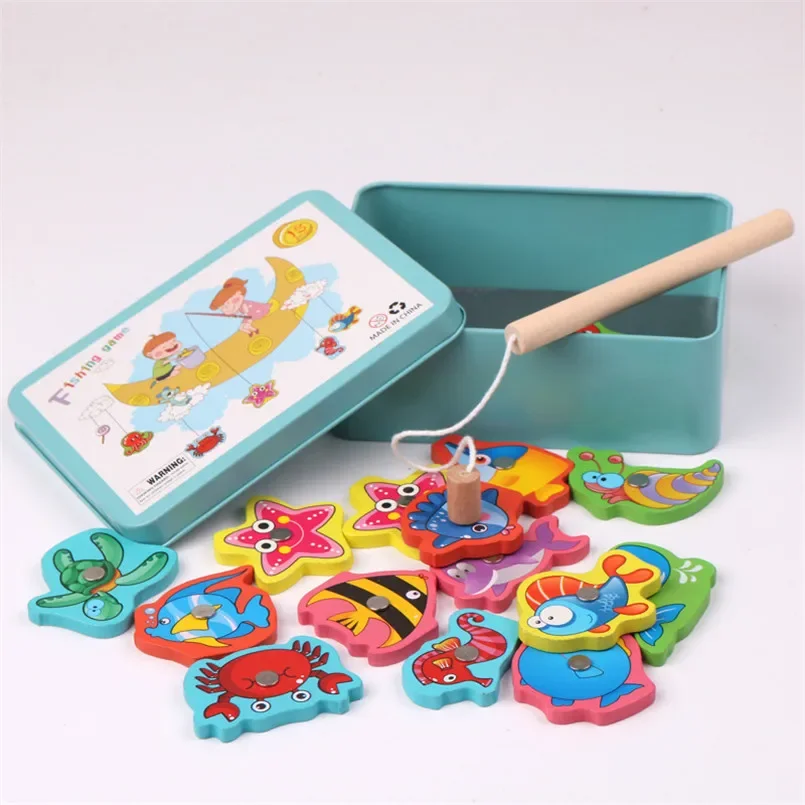 Montessori Wooden Magnetic Fishing Toys Marine Life Cognition Fish Games Early Educational Toy for Kids Parent-child Interactive