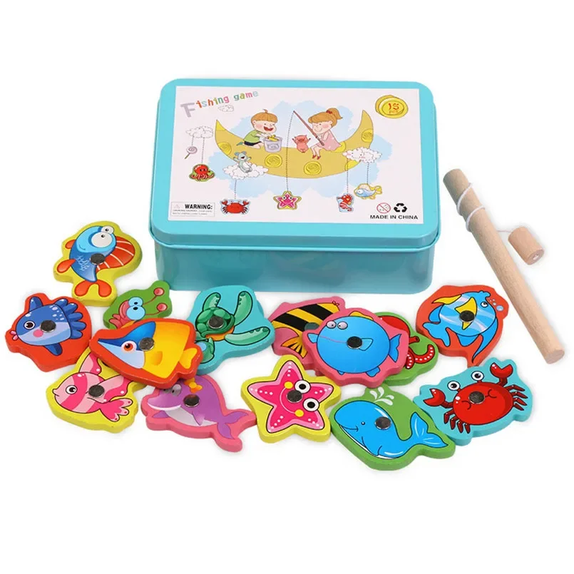 Montessori Wooden Magnetic Fishing Toys Marine Life Cognition Fish Games Early Educational Toy for Kids Parent-child Interactive
