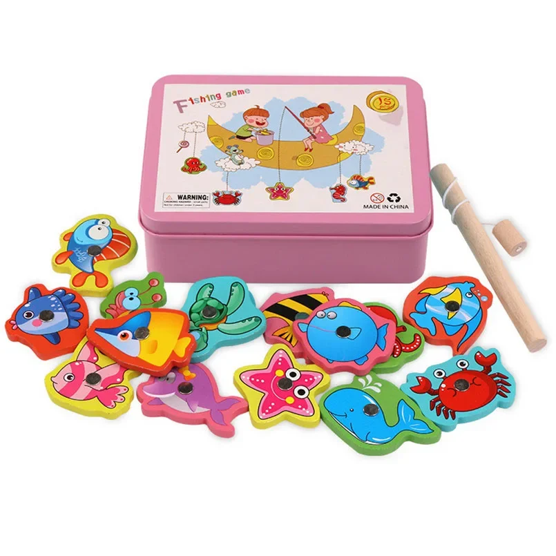 Montessori Wooden Magnetic Fishing Toys Marine Life Cognition Fish Games Early Educational Toy for Kids Parent-child Interactive