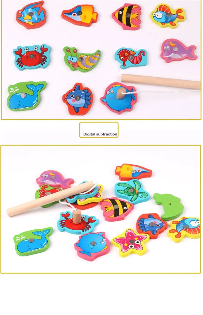 Montessori Wooden Magnetic Fishing Toys Marine Life Cognition Fish Games Early Educational Toy for Kids Parent-child Interactive
