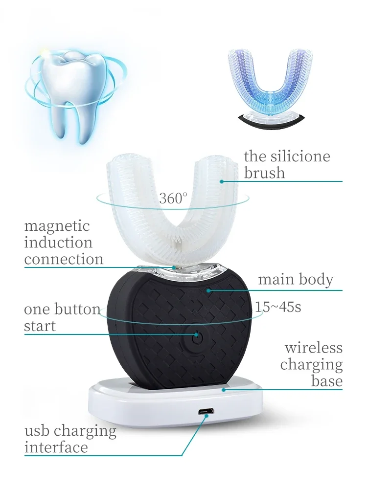 Ultrasonic Toothbrush,U Shape Toothbrush Ultrasonic Teeth Cleaner Teeth Whitening Lamp 360 Adult Electric Automatic Toothbrush