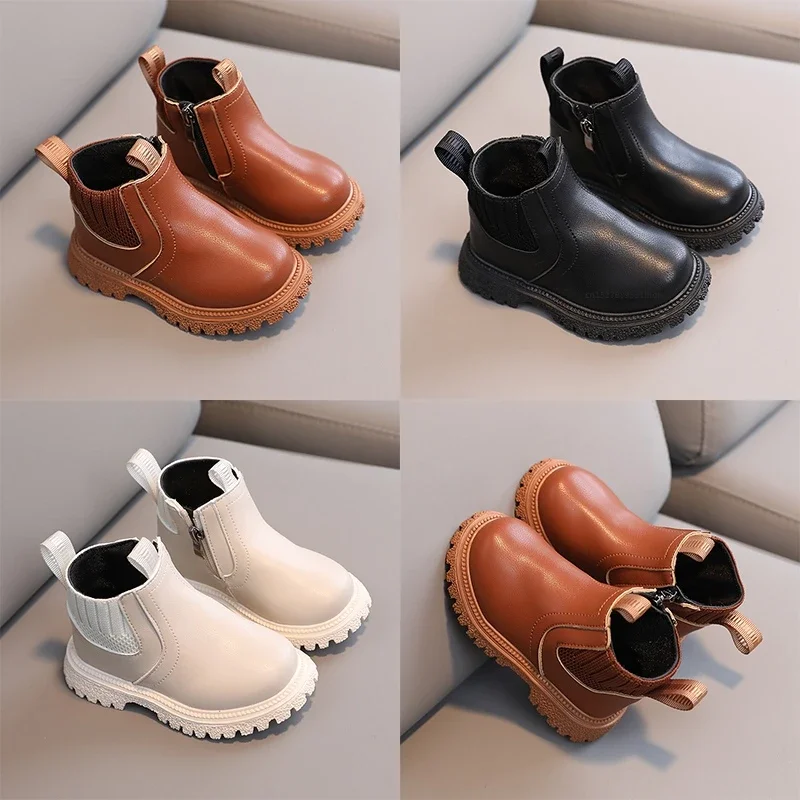 Kids Short Boots Fashion Boys Shoes Autumn Winter Leather Children Boots Non-Slip Toddler Girls Boot Toddler Snow Shoes