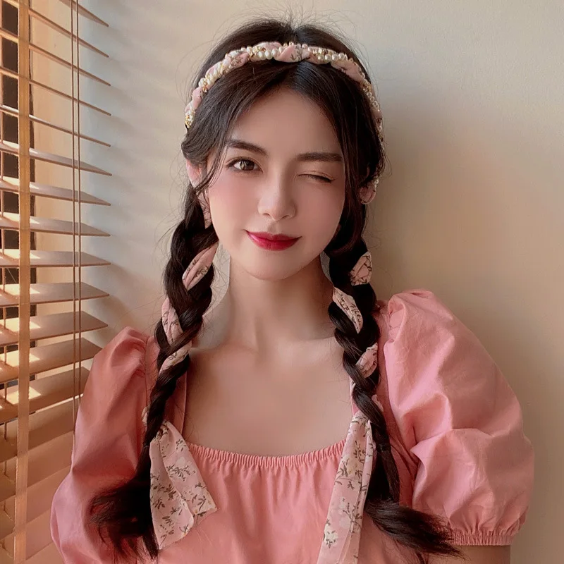 French pearl streamer tied hair integrated headband girl premium braided hair braided hairband hairpin headpiece beach vacation