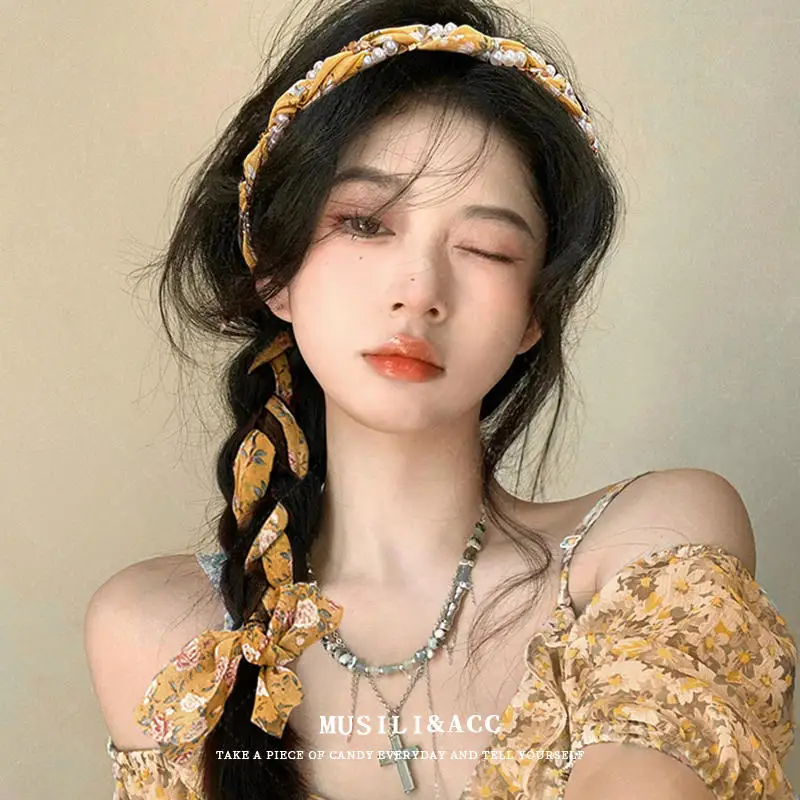 French pearl streamer tied hair integrated headband girl premium braided hair braided hairband hairpin headpiece beach vacation