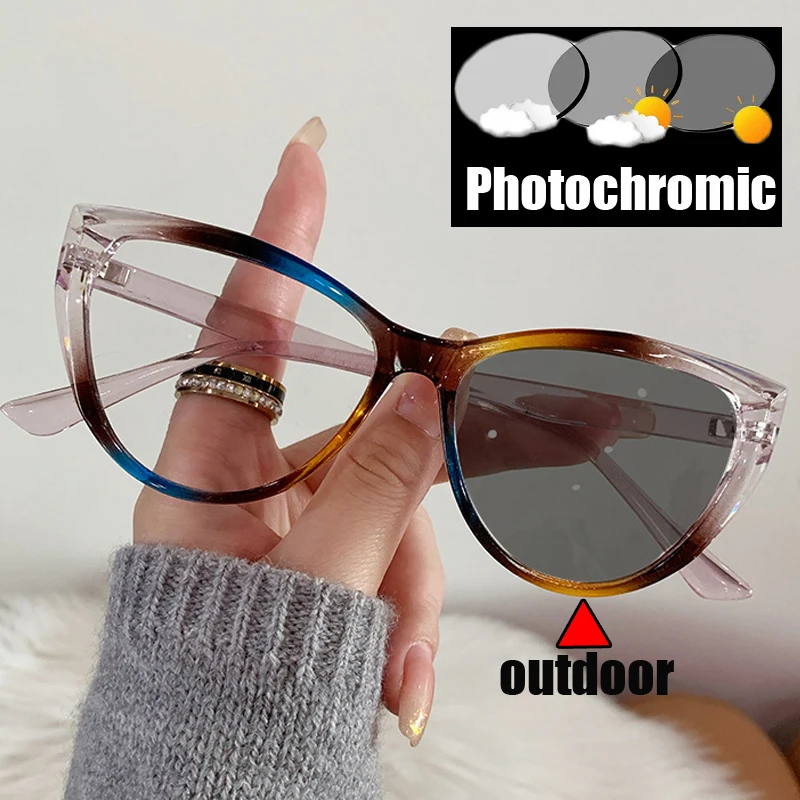 Cat Eye Frame Outdoor Photochromic Sunglasses Fashion Trendy Anti Blue Light Plain Eyeglasses Finished Optical Spectacle Eyewear