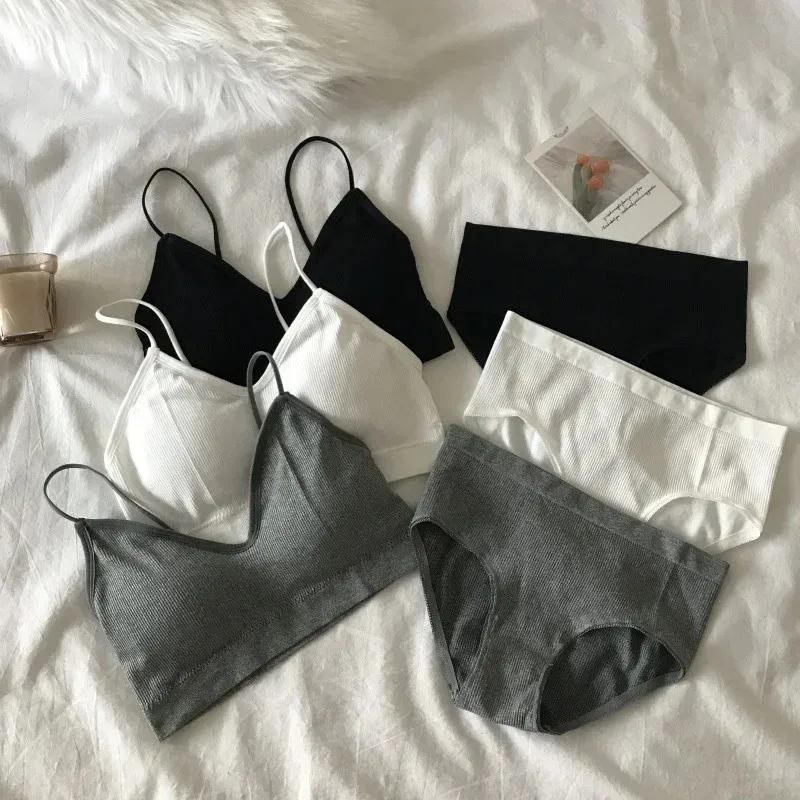 Women's Sports Bra Set Underwear Bra Korean Style Push Up No Steel Ring Bra Sexy Tube Top High Elastic Panty Set