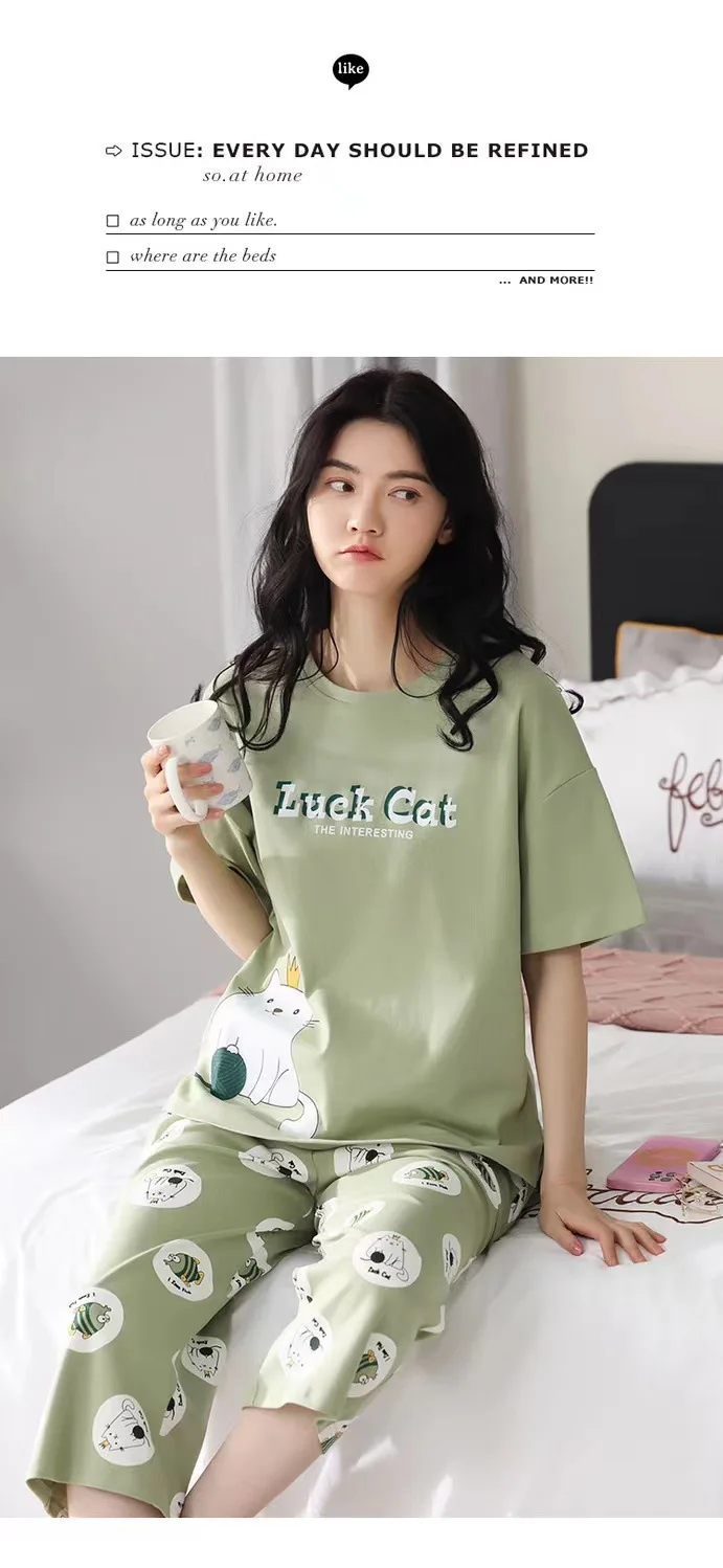 Women Pajamas Sets Plus Size Summer Silk Sleepwear Ladies Thin Short-Sleeved Seven Pants O-Neck Casual Cat Home Wear Night Wear