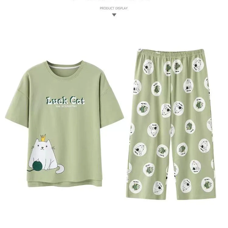 Women Pajamas Sets Plus Size Summer Silk Sleepwear Ladies Thin Short-Sleeved Seven Pants O-Neck Casual Cat Home Wear Night Wear