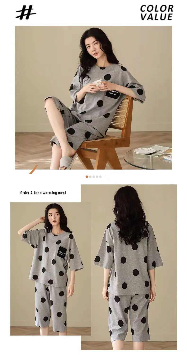 Women Pajamas Sets Plus Size Summer Silk Sleepwear Ladies Thin Short-Sleeved Seven Pants O-Neck Casual Cat Home Wear Night Wear
