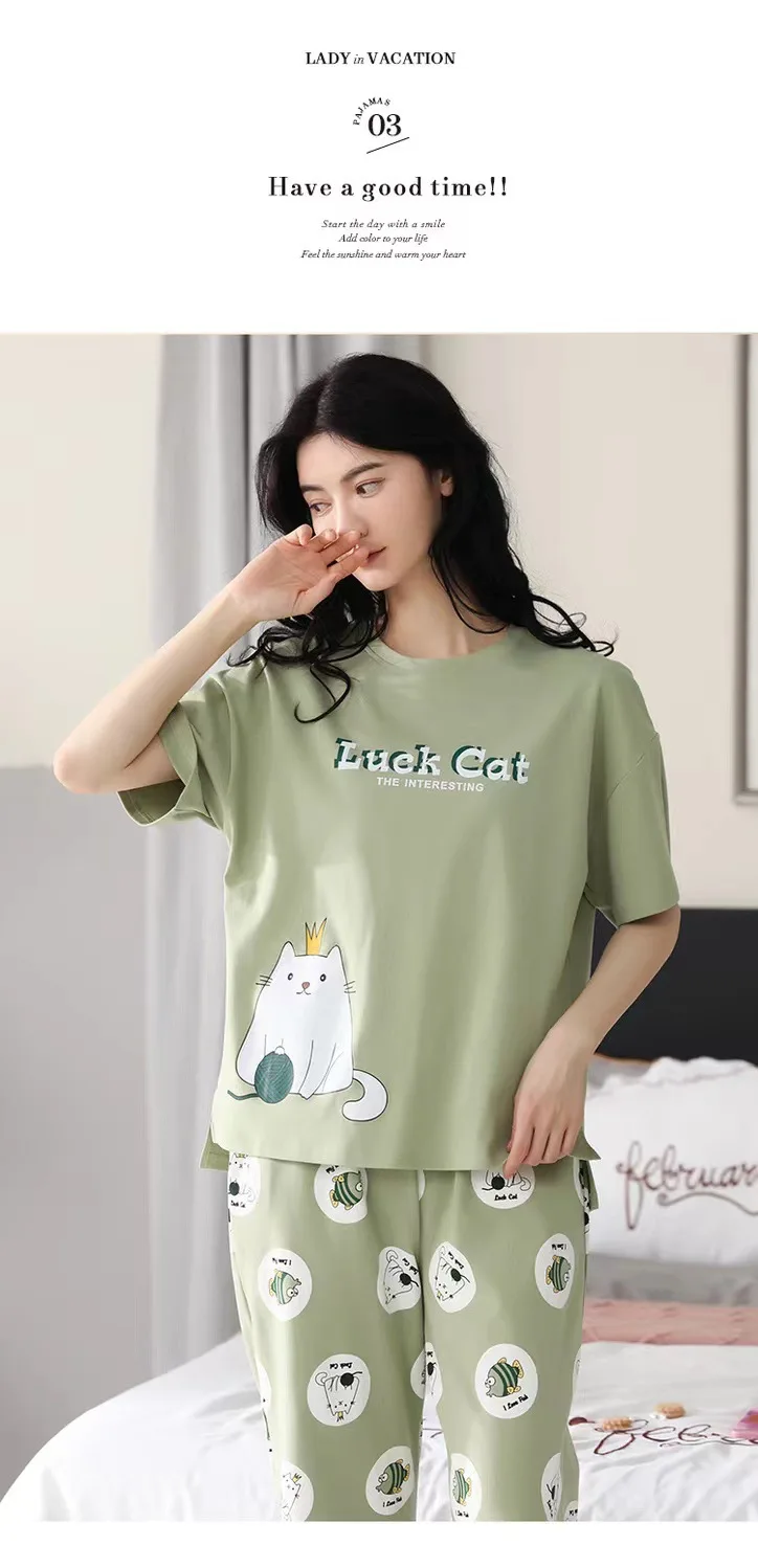 Women Pajamas Sets Plus Size Summer Silk Sleepwear Ladies Thin Short-Sleeved Seven Pants O-Neck Casual Cat Home Wear Night Wear