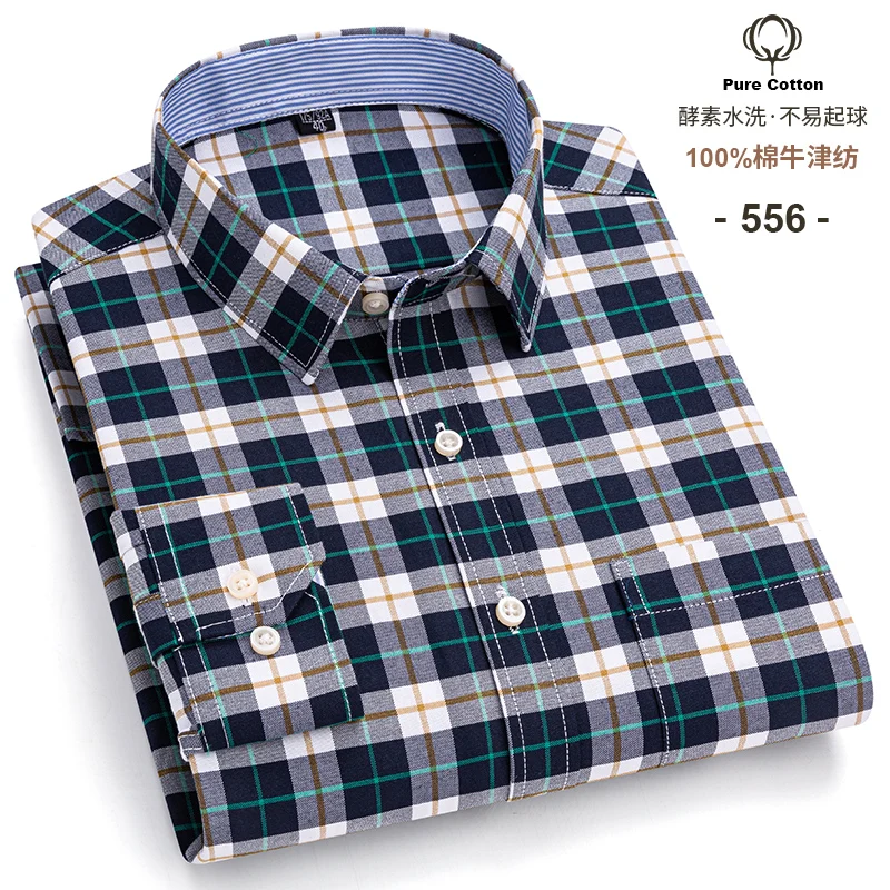 Men's Social Shirts Long Sleeve 100%Pure Cotton Oxford Buttoned Plaid Formal Male Casual Clothes Oversized Shirt Plus Size S-7XL