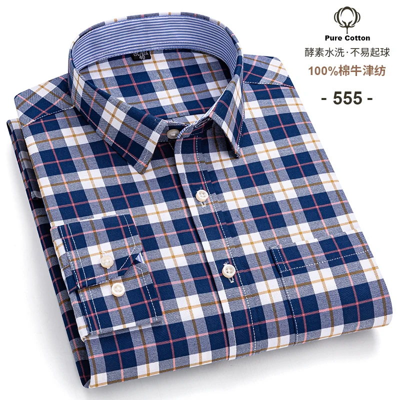Men's Social Shirts Long Sleeve 100%Pure Cotton Oxford Buttoned Plaid Formal Male Casual Clothes Oversized Shirt Plus Size S-7XL