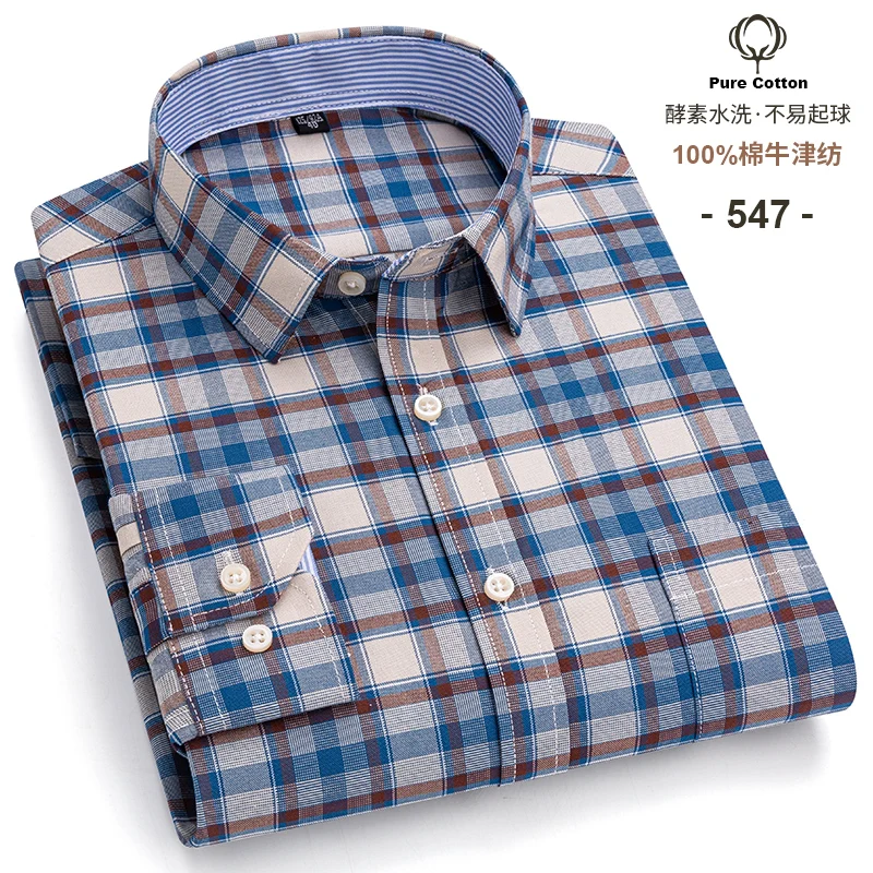 Men's Social Shirts Long Sleeve 100%Pure Cotton Oxford Buttoned Plaid Formal Male Casual Clothes Oversized Shirt Plus Size S-7XL