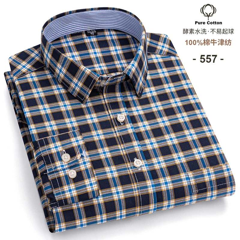 Men's Social Shirts Long Sleeve 100%Pure Cotton Oxford Buttoned Plaid Formal Male Casual Clothes Oversized Shirt Plus Size S-7XL