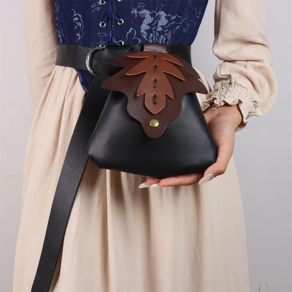 UYEE Medieval Belt Elf Leaf Waist Bag Renaissance Belt Cosplay Copper Coin Waist Bag Skirt Buckle Prop Leather Belt Halloween