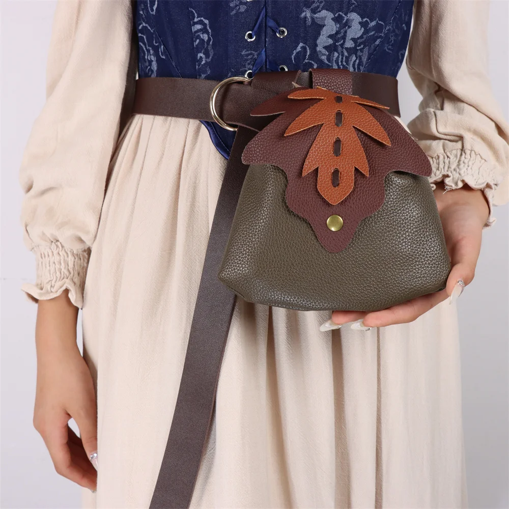 UYEE Medieval Belt Elf Leaf Waist Bag Renaissance Belt Cosplay Copper Coin Waist Bag Skirt Buckle Prop Leather Belt Halloween