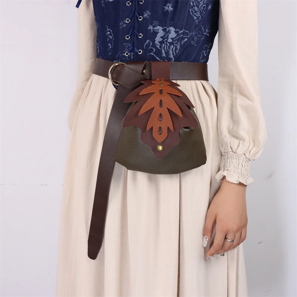 UYEE Medieval Belt Elf Leaf Waist Bag Renaissance Belt Cosplay Copper Coin Waist Bag Skirt Buckle Prop Leather Belt Halloween
