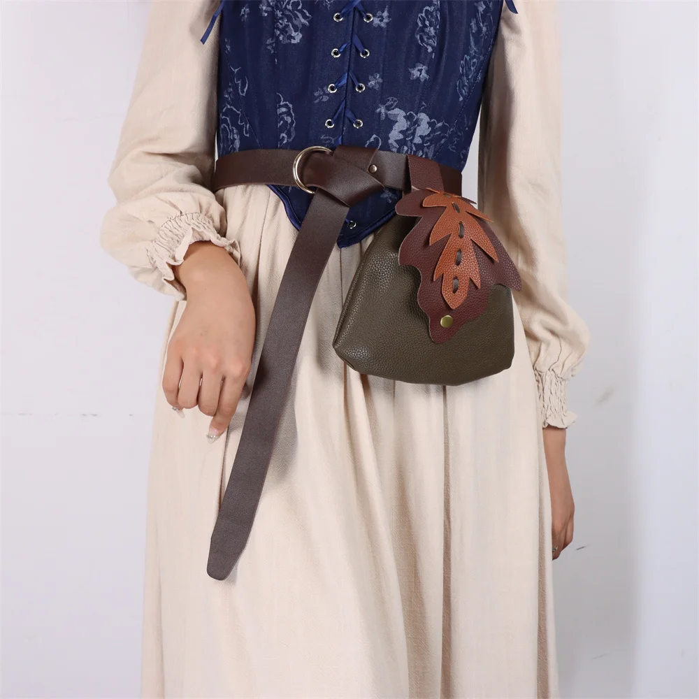 UYEE Medieval Belt Elf Leaf Waist Bag Renaissance Belt Cosplay Copper Coin Waist Bag Skirt Buckle Prop Leather Belt Halloween