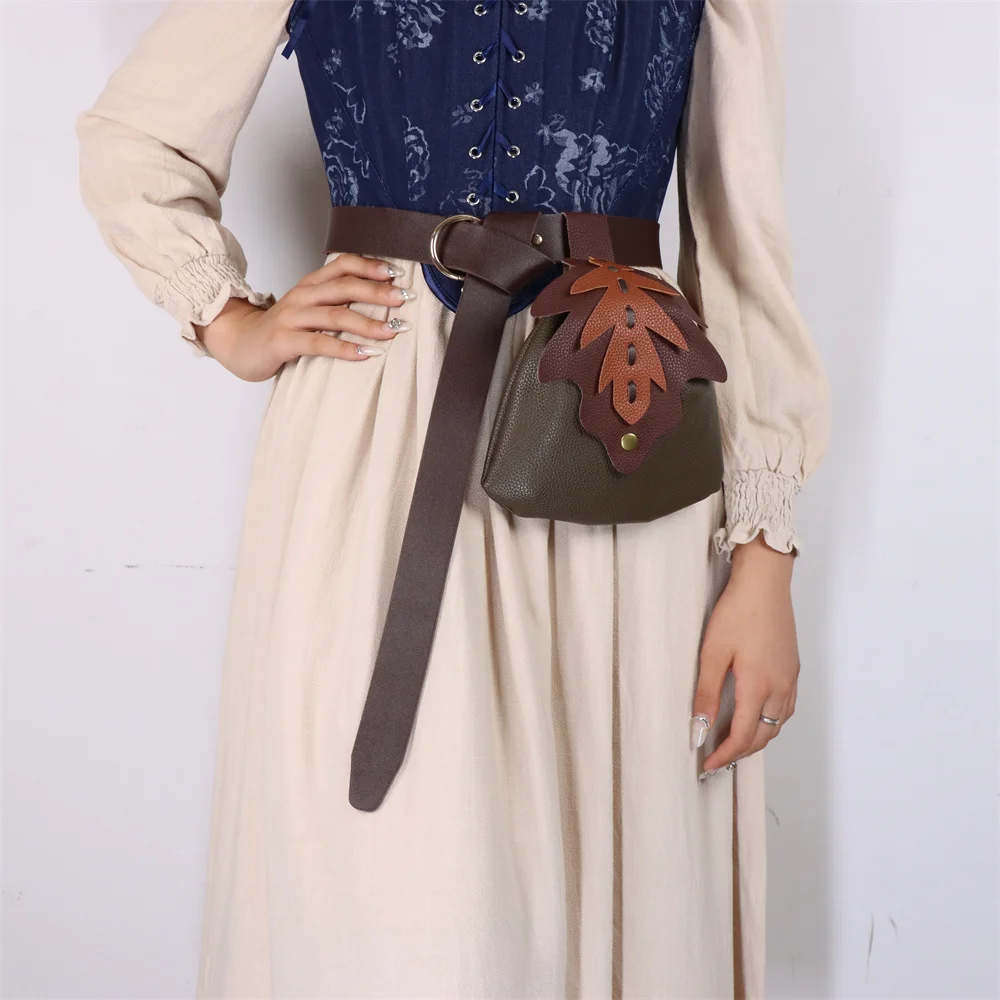 UYEE Medieval Belt Elf Leaf Waist Bag Renaissance Belt Cosplay Copper Coin Waist Bag Skirt Buckle Prop Leather Belt Halloween