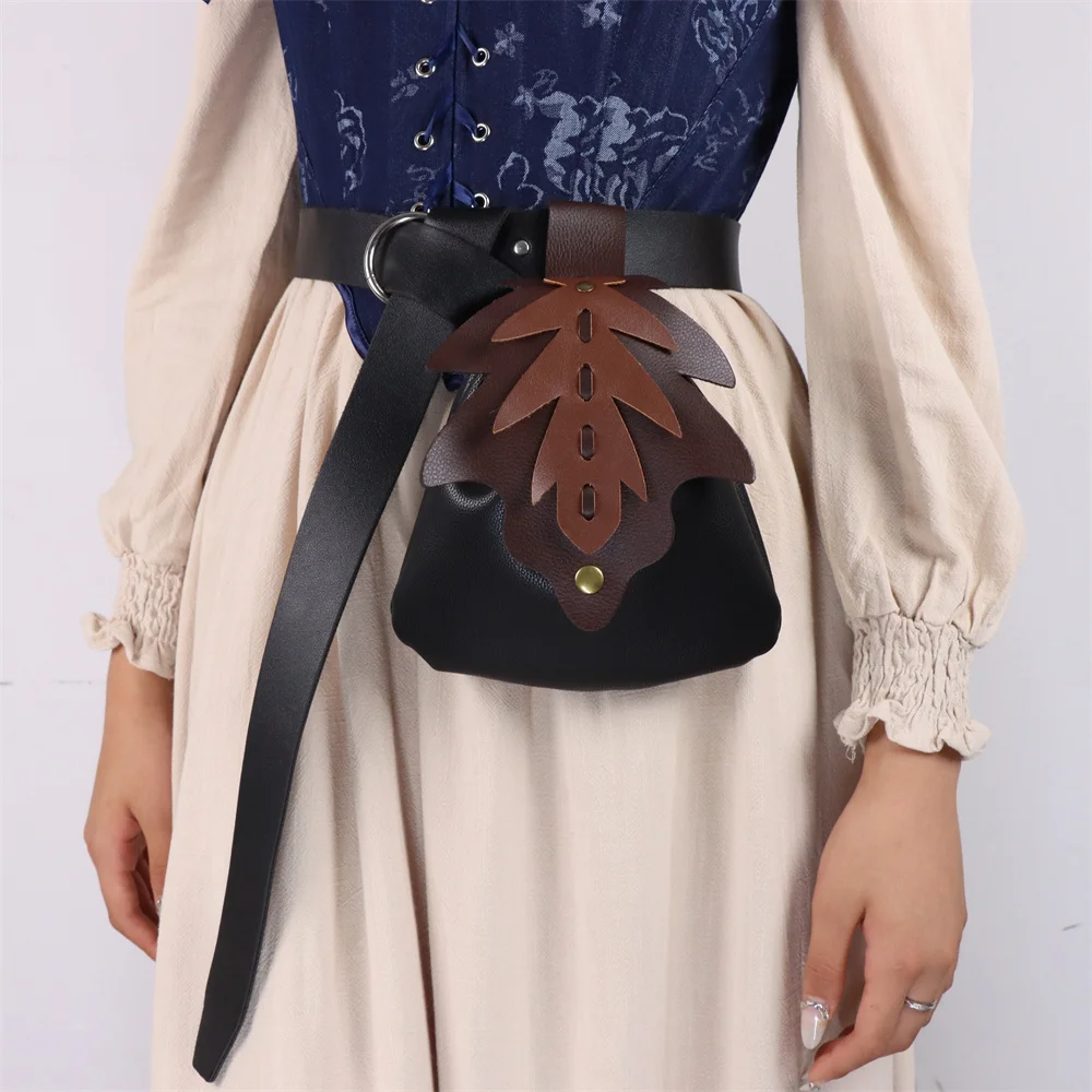UYEE Medieval Belt Elf Leaf Waist Bag Renaissance Belt Cosplay Copper Coin Waist Bag Skirt Buckle Prop Leather Belt Halloween